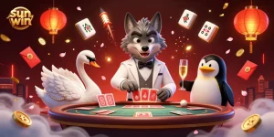Experience thrilling gameplay at sun win with our lively casino characters amid festive decorations.