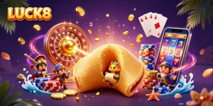 LUCK8 players enjoy a vibrant casino scene with golden treasures and exciting games.