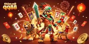 Engage with Khuyến mãi qq88 at this vibrant casino scene, showcasing slot games and festive elements.
