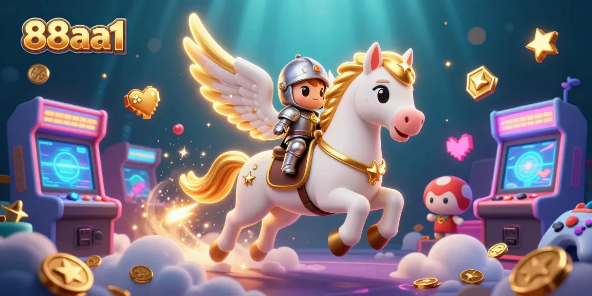 Engaging 88aa1 casino illustration featuring a celestial horse and knight in a vibrant, gaming environment.