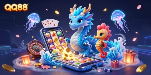 Experience QQ88's thrilling gaming scene with immersive characters and casino elements.