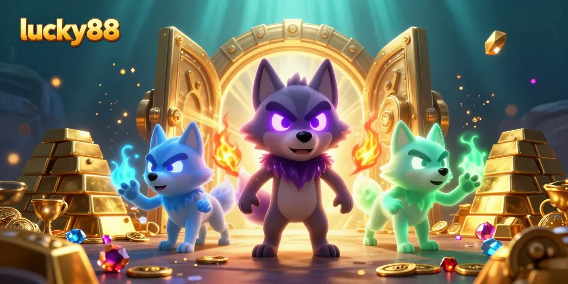 Win big with lucky88, featuring a wolf pack leader and treasure in vibrant 3D illustration.