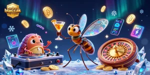 Playing online blackjack real money with cartoon characters in a vibrant casino setting.