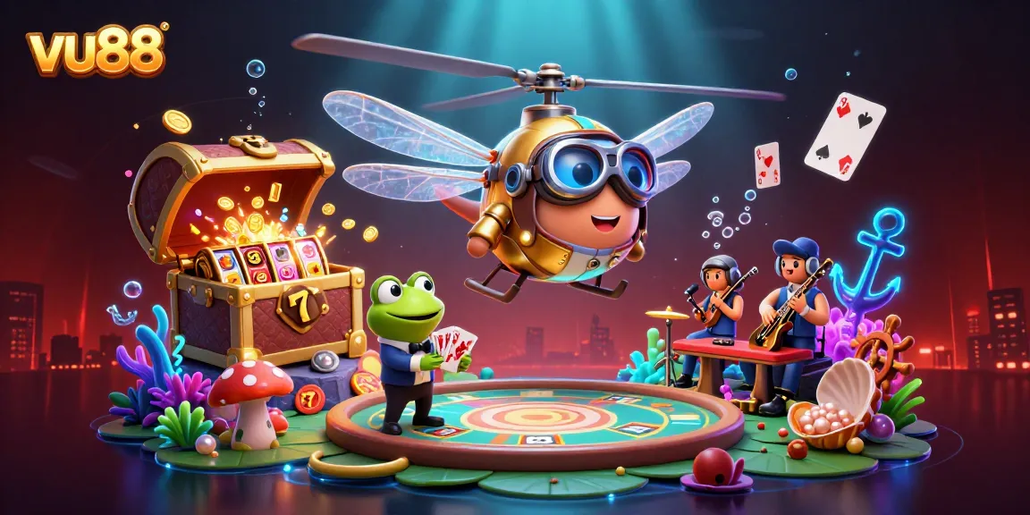 vu88 takes the spotlight with an exciting scene of a frog croupier dealing cards in a lively casino atmosphere