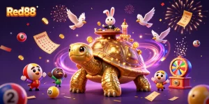 Experience the excitement at Red88 with a vibrant 3D casino scene filled with characters and casino games.