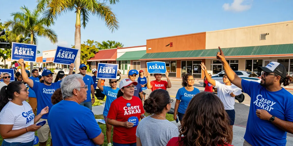 Casey Askar campaign rally in Florida with diverse supporters advocating for transparency.