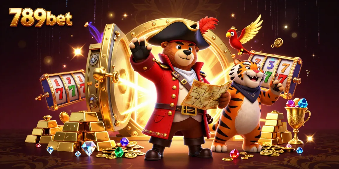 Engage with the thrilling 789bet experience featuring a pirate bear, treasure, and slot games.