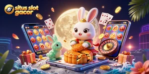 Experience the excitement with situs slot gacor featuring a moon rabbit, poker chips, and colorful slot game elements.