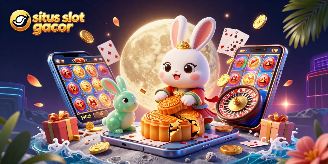 Experience the excitement with situs slot gacor featuring a moon rabbit, poker chips, and colorful slot game elements.