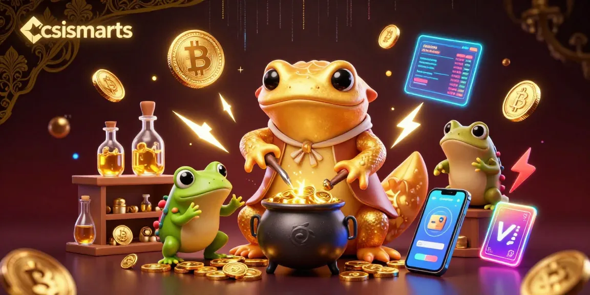 Engage with csismarts in a vibrant 3D casino scene showcasing crypto elements and magical alchemy.