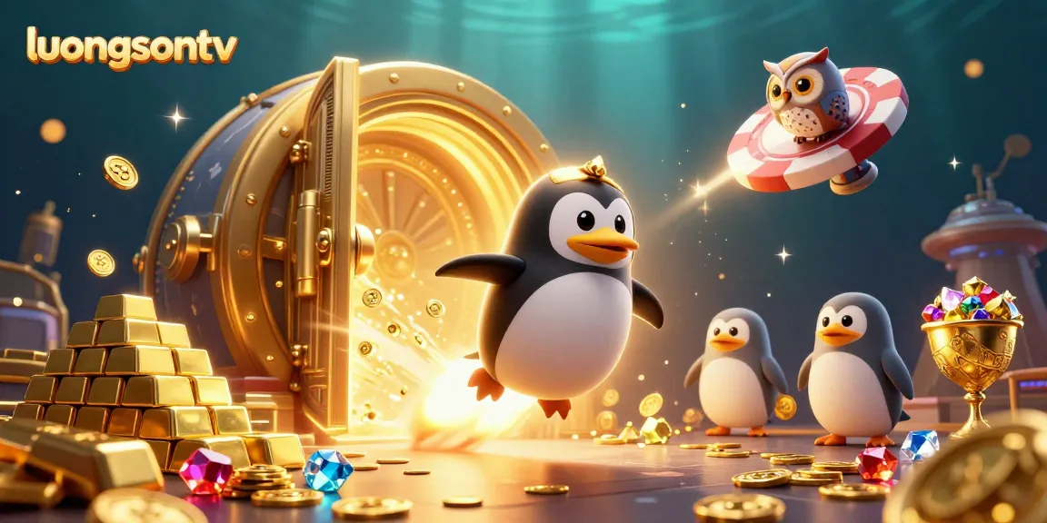 Join the fun at luongsontv with a lively animated scene of a golden penguin blasting through space towards a casino station.