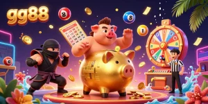 gg88 energizes players with a dynamic illustration of a golden piggy bank sumo wrestler amidst a playful casino scene.