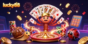 Engage with lucky88, featuring a cartoon millipede dealer and vibrant casino elements.