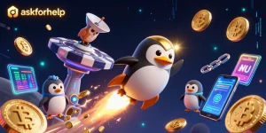 Askforhelp showcases a golden penguin navigating toward a vibrant casino space station.