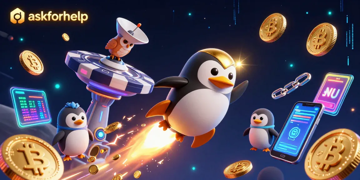 Askforhelp showcases a golden penguin navigating toward a vibrant casino space station.