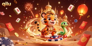 Engage in the qilu theme with a vibrant 3D illustration of a tiger sultan and casino elements.