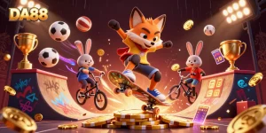 Watch the DA88 fox skateboarder flipping over poker chips amidst a dynamic casino scene.