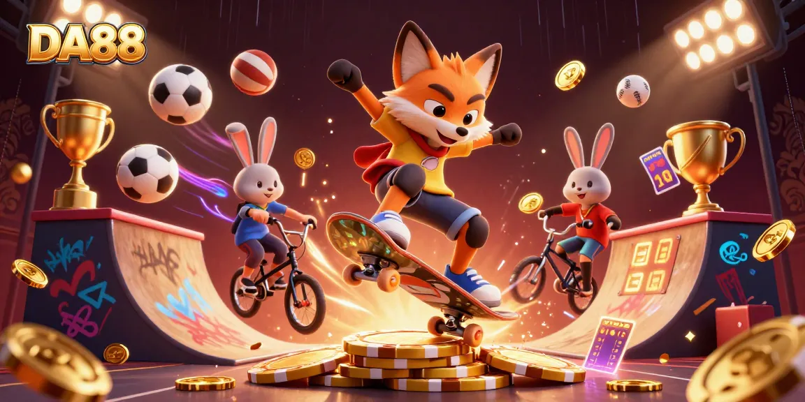 Watch the DA88 fox skateboarder flipping over poker chips amidst a dynamic casino scene.