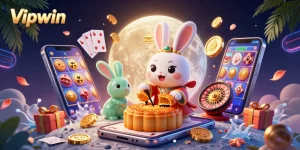Vipwin offers a vibrant 3D scene featuring the moon rabbit, gambling elements, and rich interactive experiences.