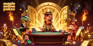 Aussie online pokies come alive with a velociraptor card counter at the blackjack table in a vibrant casino scene.