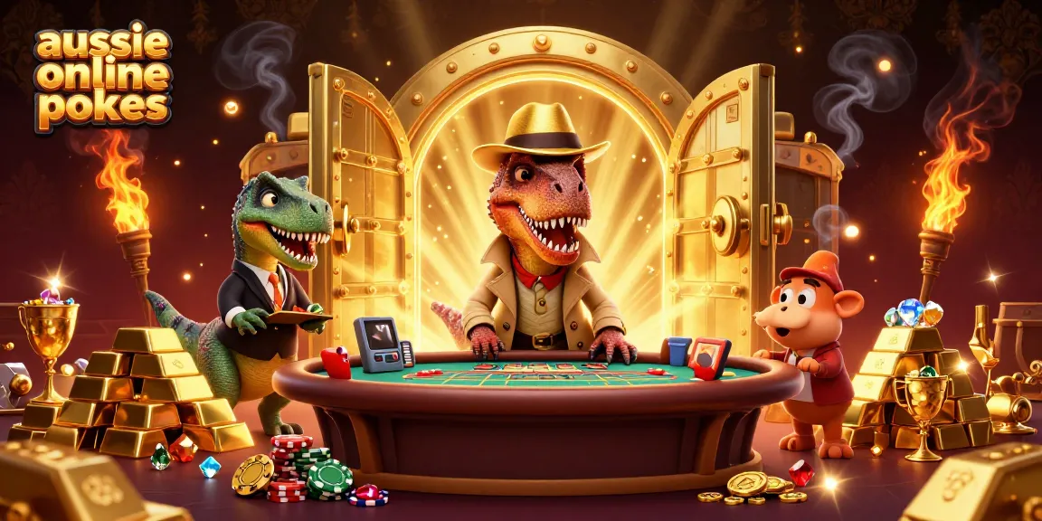 Aussie online pokies come alive with a velociraptor card counter at the blackjack table in a vibrant casino scene.