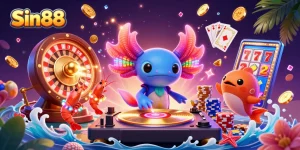 Experience the excitement of Sin88 casino with a vibrant underwater party featuring a DJ and animated sea creatures.