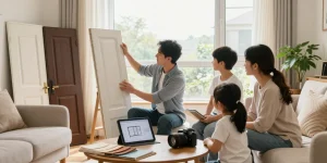 Familie wählt Türen und Fenster in Augsburg aus, gemütliche Atmosphäre im Wohnzimmer.