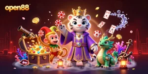 Experience open88’s vibrant betting scene with a tiger, monkey, and jade dragon at play.