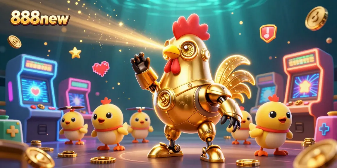 Experience the excitement of 888new with a vibrant 3D casino illustration featuring a cosmic rooster robot and engaging game elements.